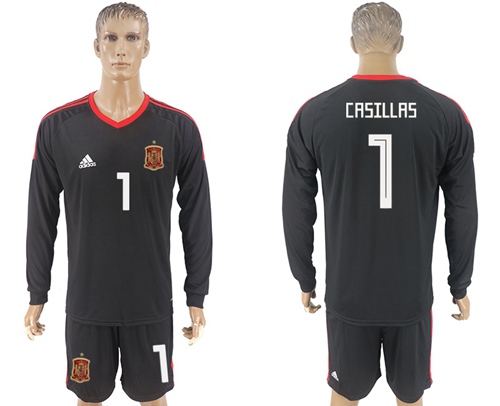 Spain #1 Casillas Black Long Sleeves Goalkeeper Soccer Country Jersey